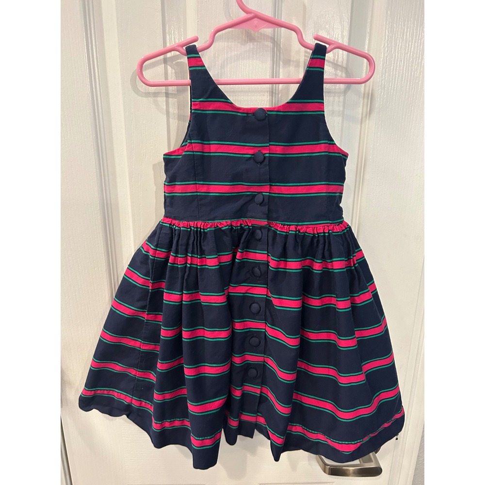 Ralph Lauren Dress‎ Navy Blue Pink Green Striped Button Back Fit Flare 4/4T Kids - Picture 6 of 7